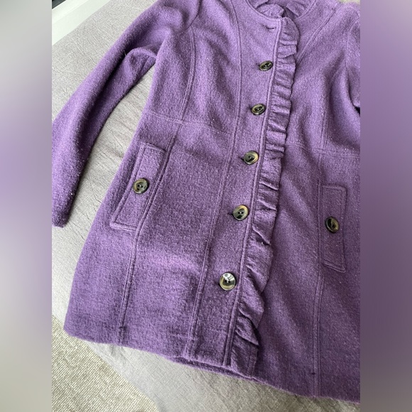 J McLaughlin Purple Long Sweater Coat Ruffles Buttons 100% Wool Size M - Picture 2 of 8